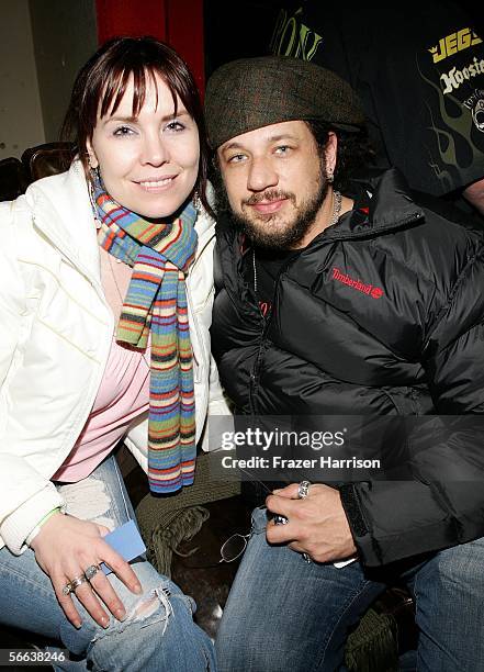 Actors Annie Duke and Joe Reitman pose inside at the "All Star Jam Band" at the Forum at the SkiHouse during the 2006 Sundance Film Festival on...