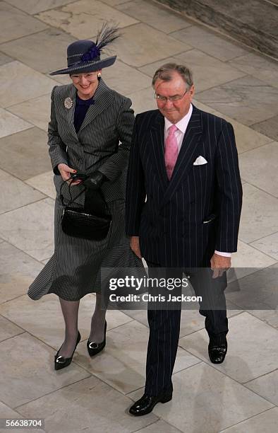 Queen Margrethe II of Denmark and her husband Prince Henrik of Denmark leave the Royal Christening of Prince Christian, son of Crown Prince Frederik...