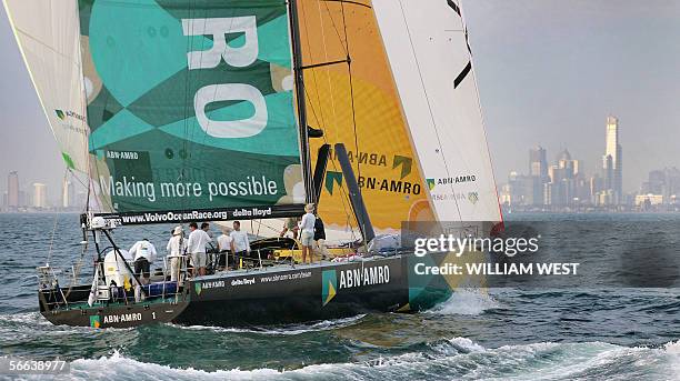 Skippered Mike Sanderson of New Zealand, speeds towards the Melbourne skyline and winning the second leg of the Volvo Ocean Race 2005-06 from Cape...