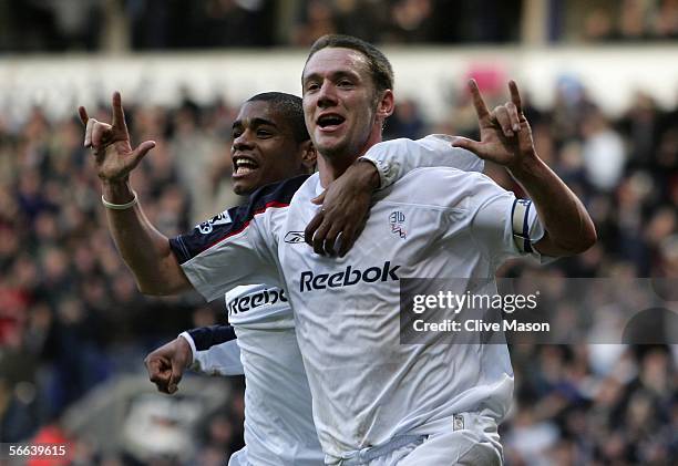 Kevin Nolan of Bolton Wanderers celebrates his goal with team mate Ricardo Vaz Te during the Barclays Premiership match between Bolton Wanderers and...