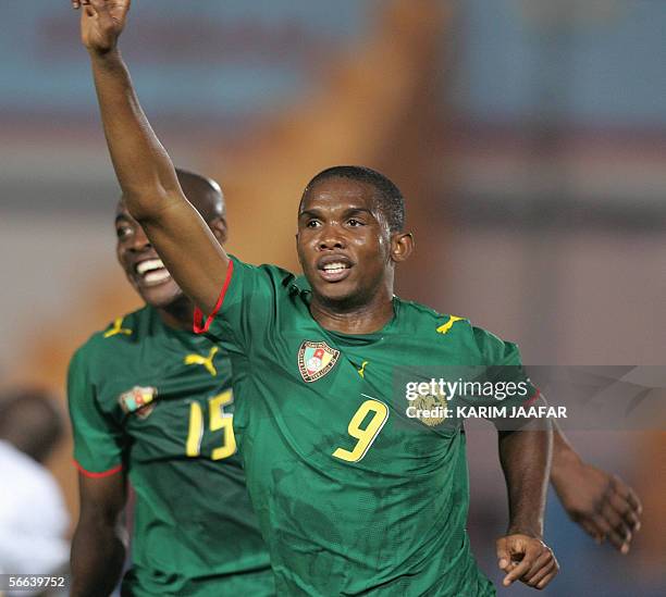 Cameroon's Samuel Eto'o celebrates his first goal during the knock-out round football game between Angola and Cameroon for the African Nations Cup ,...