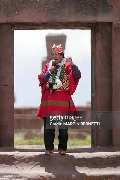 Bolivia's President-elect Evo Morales delivers a speech during an elaborate ceremony where he was crowned as supreme chief of Andean Indians 21...
