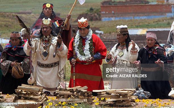 Bolivia's President-elect Evo Morales is purificated in a ritual performed by four Amautas in the Akapana site of the sacred place of Tiwanaku, some...