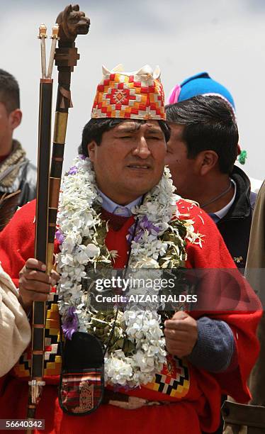 Bolivia's President-elect Evo Morales is purifyied in a ritual during an elaborate ceremony where he was crowned as supreme chief of Andean Indians,...