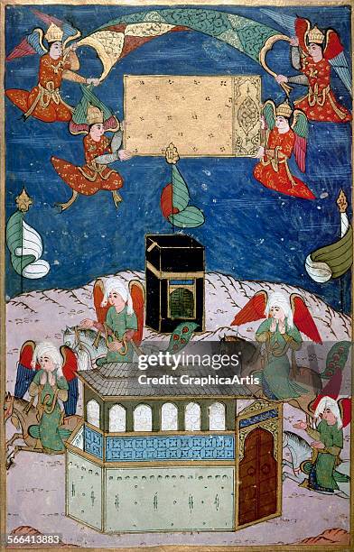 Angels decorating the Kaba at the birth of prophet Muhammad; miniature on vellum, 1595. From the Book of Sufti Abdullah, in the collection of the...
