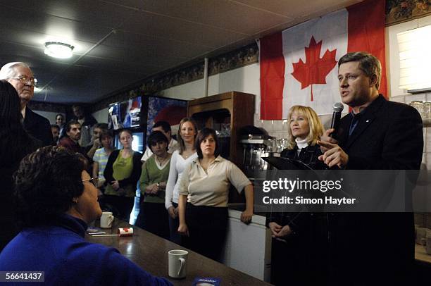 Conservative Party leader Stephen Harper speaks with supporters at the Gardenia Restaurant in Strathroy, Ontario, Canada. The old-fashioned family...