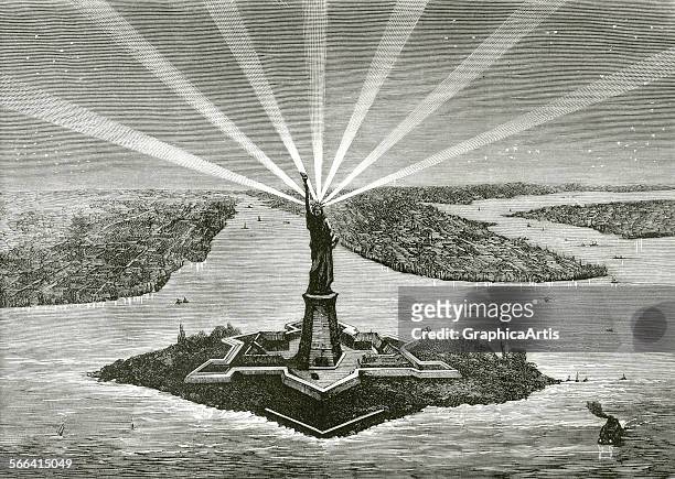 Liberty Enlightening the World; engraving, 19th century. From 'La Ilustracion Espanola y Americana' published in Spain.