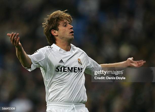 Antonio Cassano of Real Madrid urges on the fans during a Primera Liga match between Real Madrid and Cadiz at the Santiago Bernabeu stadium on...