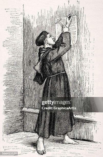 Martin Luther hanging his Ninety-five Theses on the door of All Saints Church in Wittenberg in 1517; engraving, 1882.