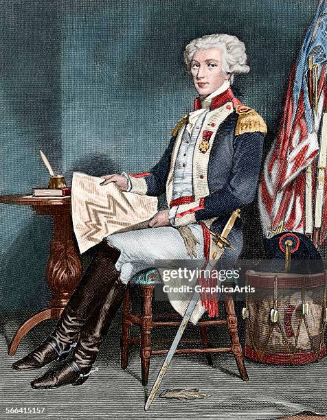 Portrait of the Marquis de Lafayette at his desk holding a map; engraving, 19th century.