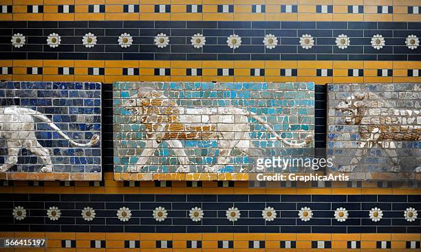 Lion relief from the processional frieze of the Ishtar Gate in Babylon; glazed tile, circa 575 BC, reconstructed in the Archaeological Museum,...