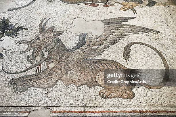 Byzantine period mosaic, 5th-7th Century AD, of a griffin eating a lizard, at the Great Palace Mosaic Museum on the site of the the Great Palace of...