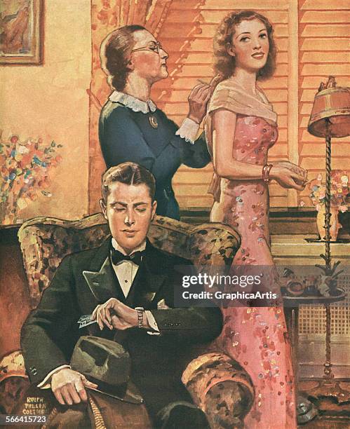 Vintage illustration of a man looking at his watch while waiting for his wife to be ready; screen print, 1937.