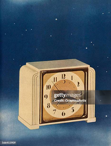 Vintage illustration of an alarm clock floating in the night sky; screen print, 1946.