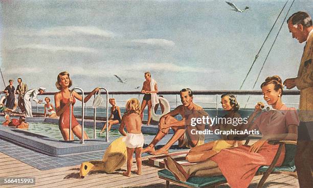 Vintage illustration of tourists playing in a pool and sunbathing on the lido deck of a cruise ship; screen print, 1949.