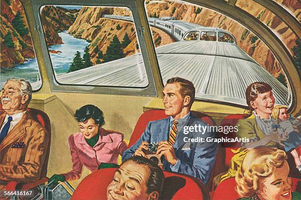 Vintage illustration of travellers enjoying a futuristic train trip; screen print, 1952.