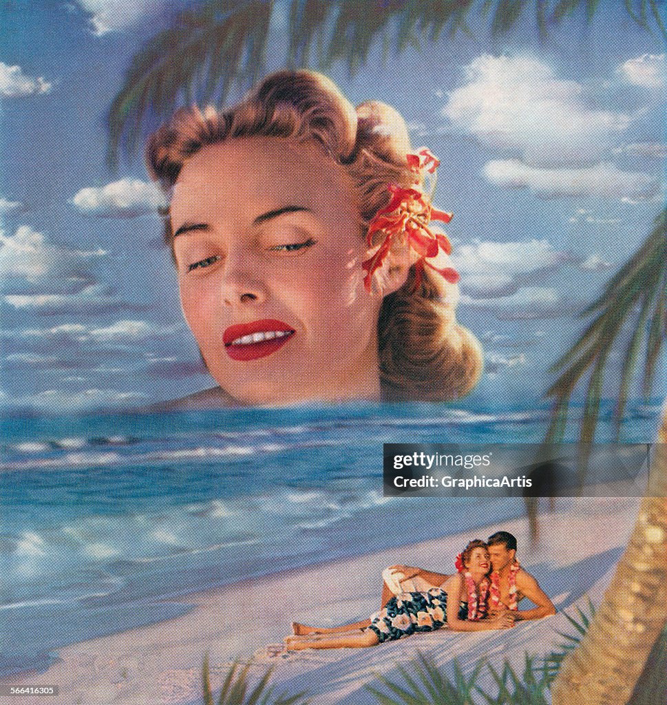Couple On Beach And Giant Head