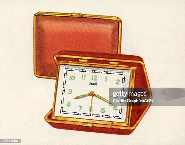 Vintage 1950s illustration of a travel alarm clock in an orange folding case; screen print, 1958.