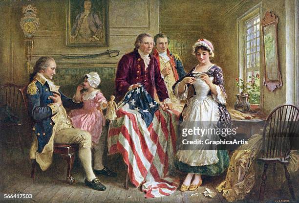 Vintage illustration of George Washington watching Betsy Ross sew the American flag in 1777; screen print, 1920.