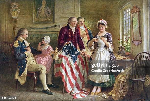 Vintage illustration of George Washington watching Betsy Ross sew the American flag in 1777; screen print, 1920.