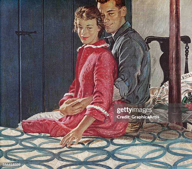 Vintage illustration of a husband and wife sitting on a quilt-covered bed embracing; screen print, 1954.