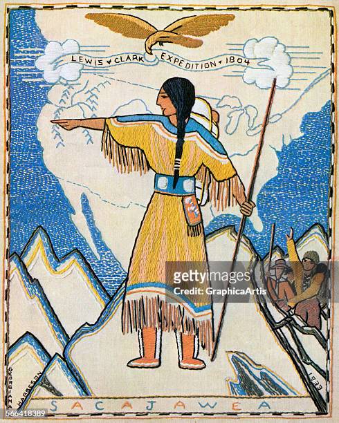 Vintage illustration of Sacajawea on the Lewis and Clark Trail, from the 1804 expedition; screen print, 1933. After a needlepoint design.
