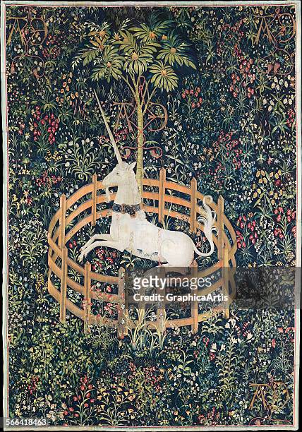 The Unicorn in Captivity from the Unicorn Tapestry series; wool and silk tapestry from the Netherlands, 1495 From The Cloisters, Metropolitan Museum...