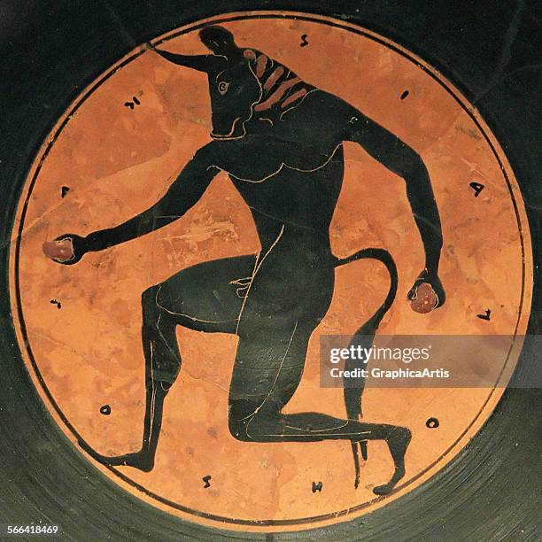 Black-Figure Attic Greek kylix depicting the Minotaur from the Theseus myth, by the Painter of London; black-figure pottery, circa 515 BC. From the...
