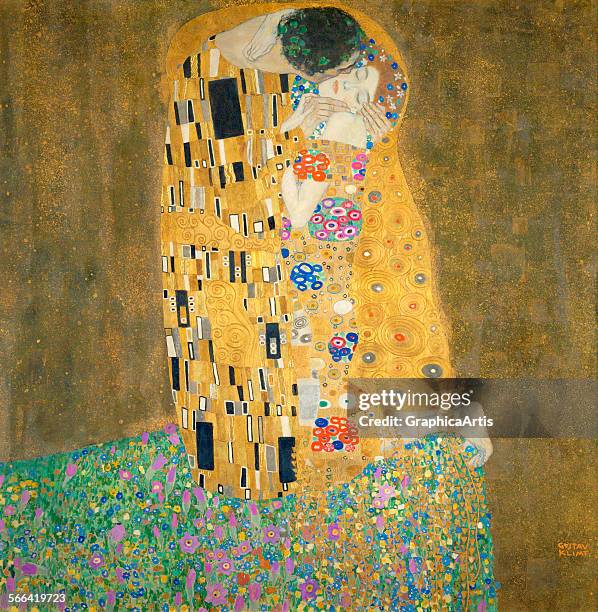 The Kiss by Gustav Klimt ; oil on canvas, 1907 - 8. From the Osterreichische Galerie Belvedere, Vienna.