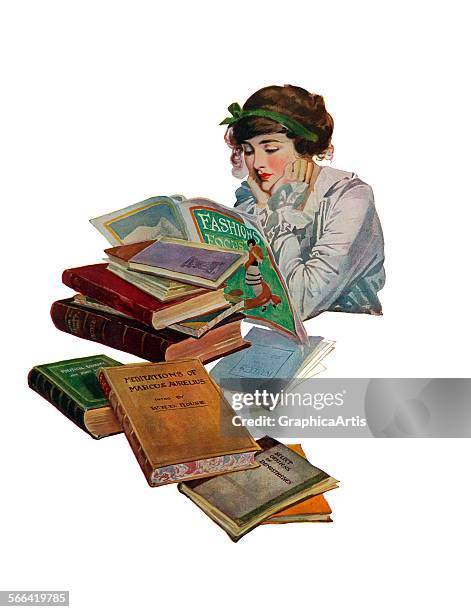 Vintage illustration of a young woman avoiding her studies by reading a fashion magazine; screen print, 1914.