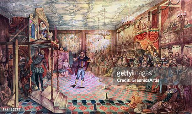 Vintage illustration of William Shakespeare and the Lord Chamberlain's Company performing 'Two Gentlemen of Verona' to Queen Elizabeth I, at...