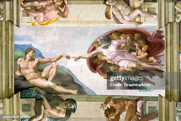 The Creation of Adam from the Sistine Chapel ceiling by Michelangelo Buonarroti ; fresco, 1508 - 12.