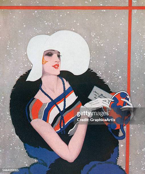 Vintage illustration of a fashionable flapper on her way to a party on a snowy evening; screen print, 1928.