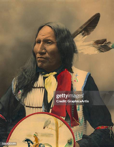 Portrait of Oglala Sioux Chief Strikes With Nose; hand-colored platinum print, 1899. Taken by the Heyn photographic studio in Omaha, Nebraska.