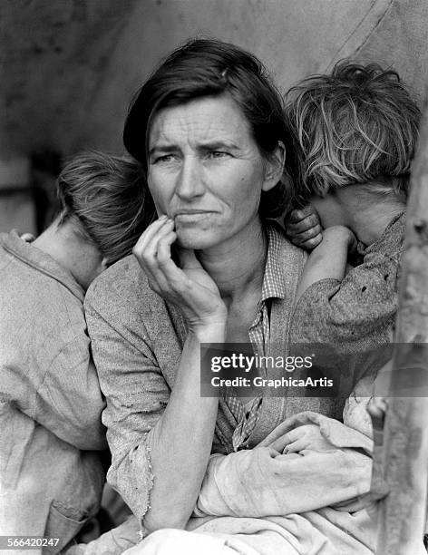Migrant Mother by Dorothea Lange ; silver print, 1936. Commissioned by the Resettlement Administration.