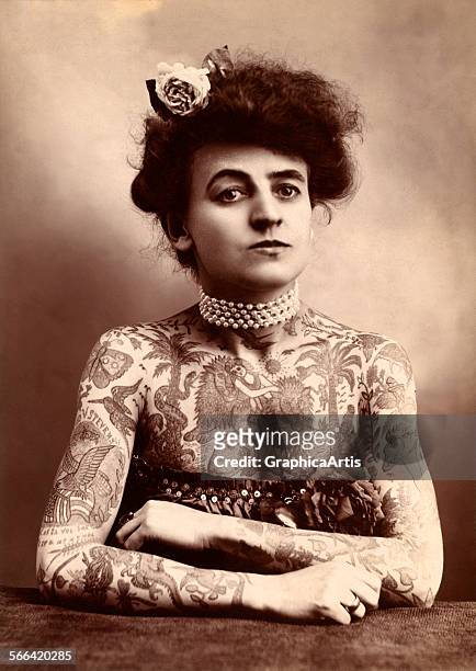 American circus performer Maud Stevens Wagner , one of the first American female tattoo artists, toned photograph, 1907.