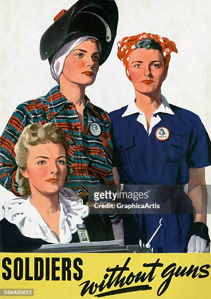 Vintage World War II poster 'Soldiers Without Guns' of three women workers: an office worker, a welder, and a factory worker, by Adolph Treidler ;...