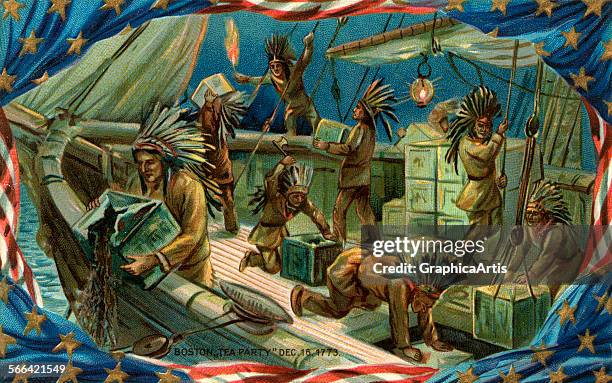 Vintage illustration of American patriots dressed as indians, pouring tea over the sides of a British ship; chromolithograph, 1898.
