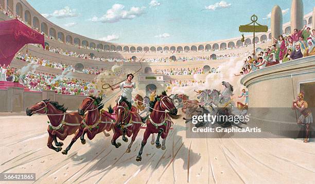 Antique print of the chariot race from Ben-Hur; chromolithograph, circa 1880.