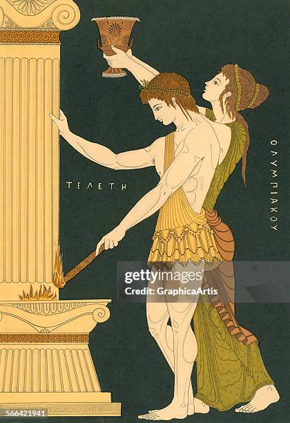 Vintage illustration of Ancient Greeks lighting the first Olympic Torch in Athens; lithograph, 1922.