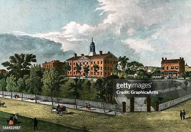 Vintage illustration of the Rutgers University campus in 1844, from a series of prints of American historical colleges; lithograph, 1920.