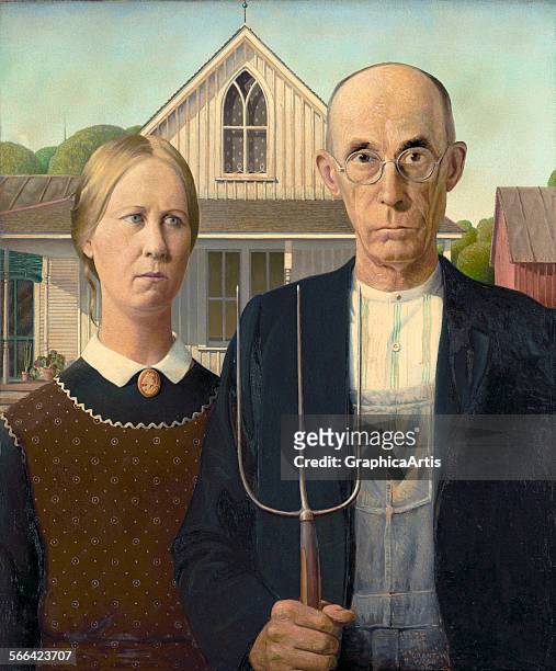 American Gothic by Grant Wood ; oil on board from the Art Institute of Chicago.