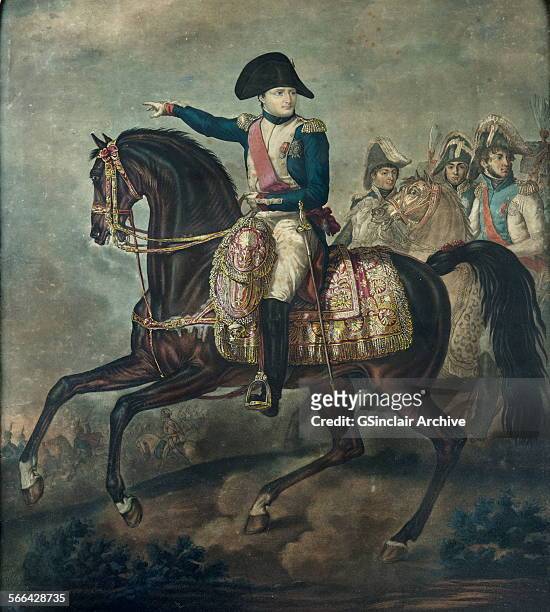 Napoleon Bonaparte on horse back commanding troops at battle of Waterloo, mid-nineteenth century.
