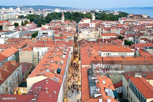 View over the rooftops of Zadar from the bell tower of the Cathedral of St Anastasia in Zadar on the Adriatic coast of Croatia.