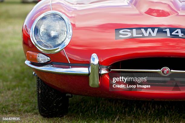 Close up view of a Jaguar E Type classic car at Goodwood revival.