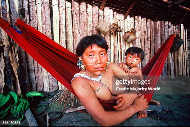 Yanomami mother, with her child on a chinchorro . Chinchorros are used to take rest, to sleep, to play with their children and also seat over while...