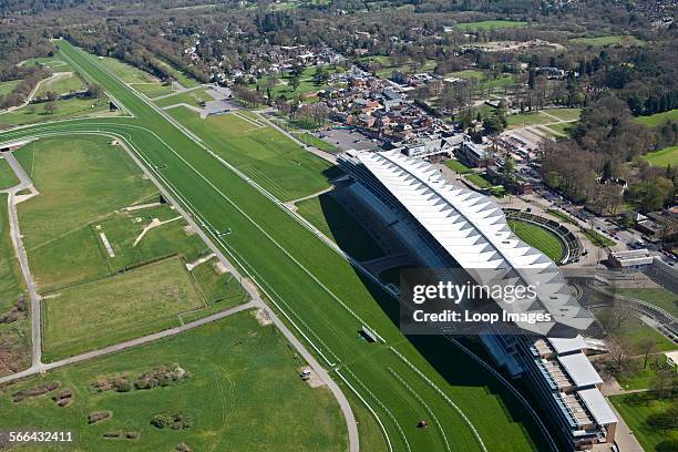 An aerial view of the main grandstand at Ascot Racecourse.