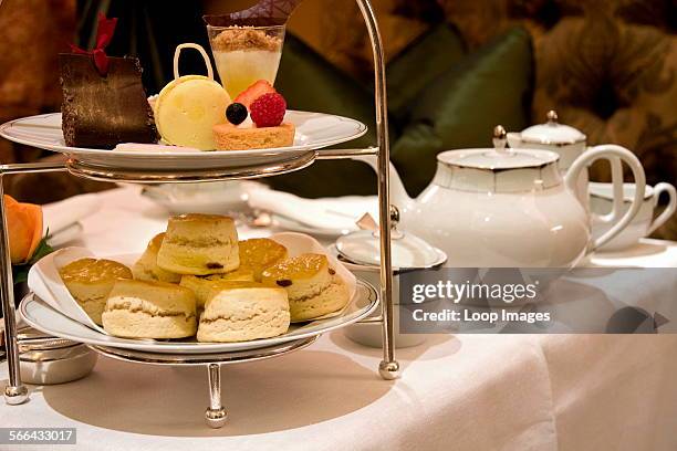 Selection of cakes and scones for afternoon tea.