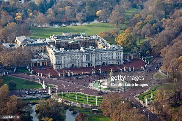 Aerial view of Buckingham Palace in London.