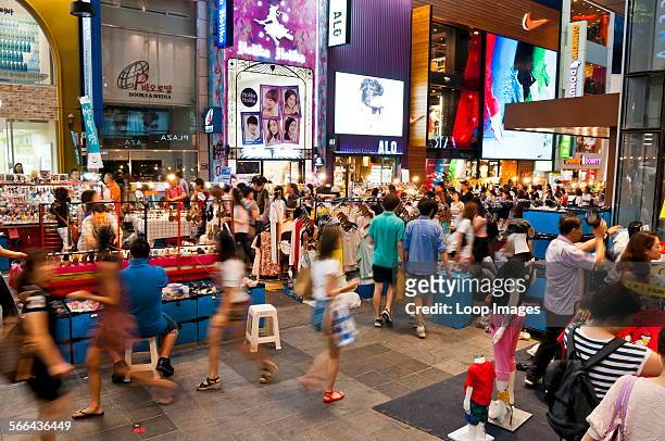 Crowded street of Myeongdong in Seoul.